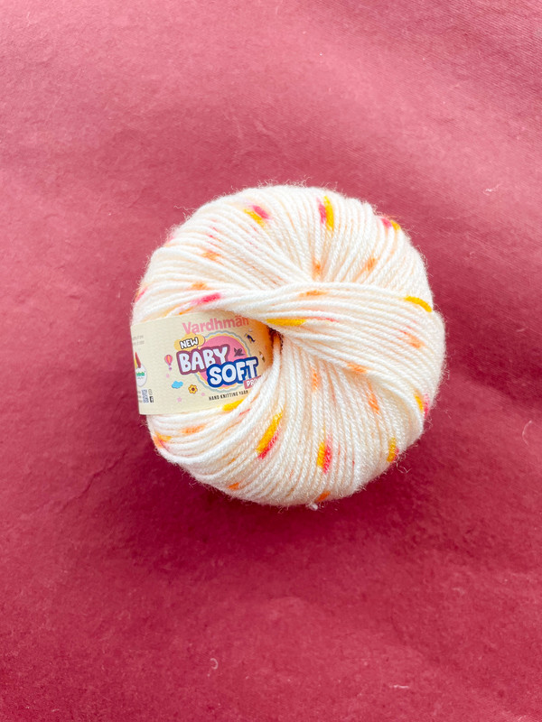 Vardhman Baby Soft Print Yarn – Off White with Yellow & Orange Print – 25g Acrylic Knitting Yarn
