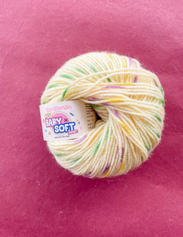 Vardhman Baby Soft Print Yarn – Pastel Yellow with Multicolour Print – 25g Acrylic Knitting Yarn