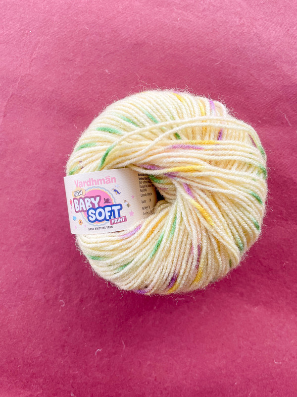 Vardhman Baby Soft Print Yarn – Pastel Yellow with Multicolour Print – 25g Acrylic Knitting Yarn