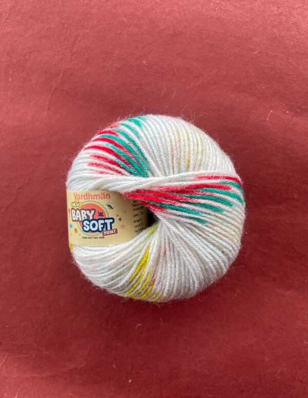 Vardhman Baby Soft Print Yarn – White with Red, Green & Yellow Print – 25g Acrylic Knitting Yarn