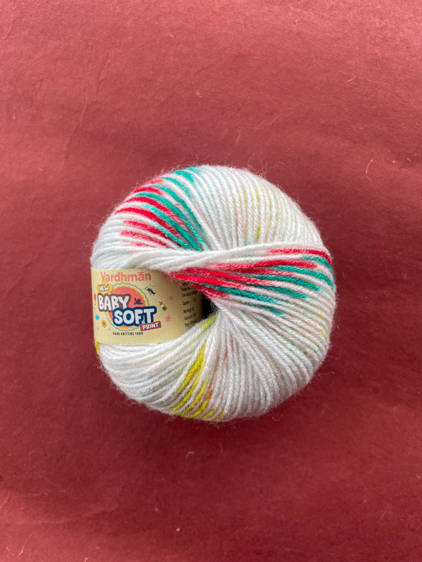 Vardhman Baby Soft Print Yarn – White with Red, Green & Yellow Print – 25g Acrylic Knitting Yarn