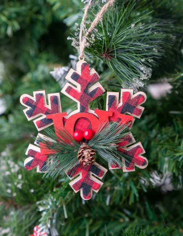 Buffalo Plaid JOY Snowflake Wooden Ornament – Red & Black Christmas Tree Hanging Décor with Pine & Berry Accent