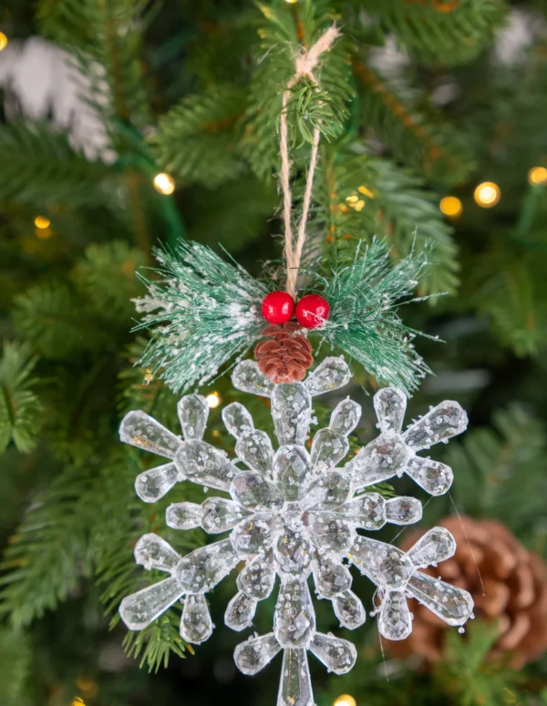 Crystal Snowflake Christmas Ornament with Frosted Pine & Berries – Acrylic Glass-Look Hanging Snowflake with Pinecone Accent –  Traditional Holiday Tree Decoration