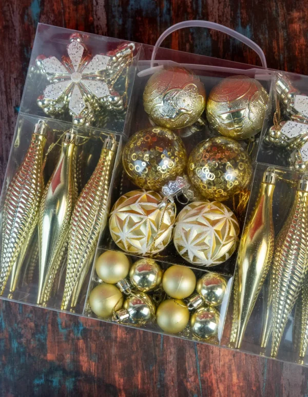 Gold Christmas Ornament  Variety Pack of Shatterproof Baubles, Finials, and Snowflakes – Luxury Metallic Holiday Tree Decorations with Glitter, Matte, and Sequin Finishes
