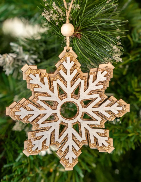 Gold Glitter Snowflake Wooden Ornament – Layered Christmas Tree Hanging Decoration with Rustic String – Festive Holiday Décor