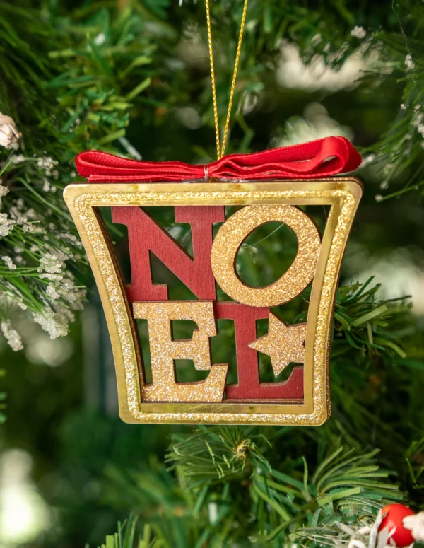 NOEL Christmas Wooden Hanging Ornament – Red & Gold Glitter Square Frame Décor with Ribbon – Festive Tree Decoration