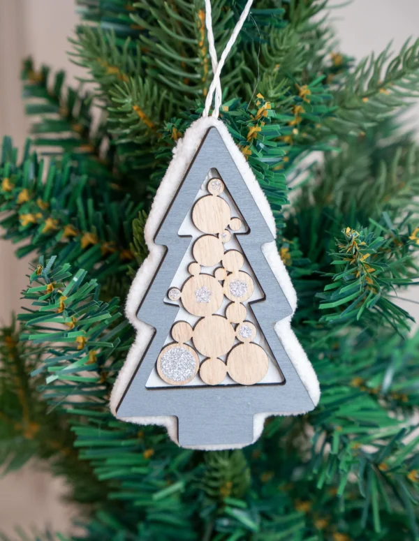 Layered Wooden Christmas Tree Ornament – Grey & Natural Wood Hanging Décor with Snow Effect – Festive Tree Decoration