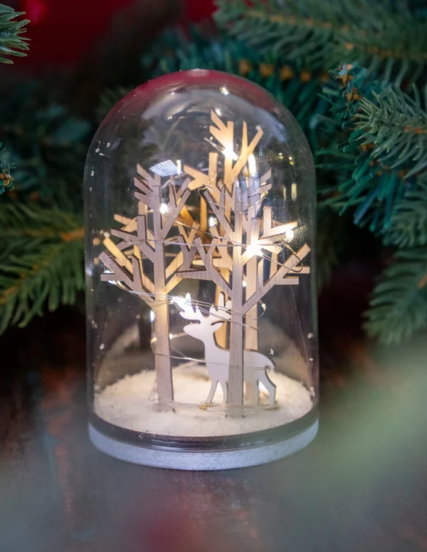 LED Light-Up Forest Snow Globe Dome - Miniature Wooden Deer & Trees Winter Scene - Battery Operated Warm White Fairy Lights - Festive Tabletop Centerpiece & Holiday Night Light