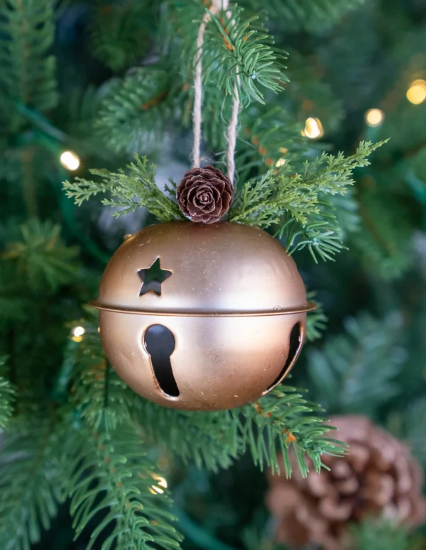 Large Antique Gold Jingle Bell Christmas Ornament – Metal Bell with Pinecone and Cedar Sprig Accents – Rustic Farmhouse Tree Decoration with Star Cut-Outs and Jute Hanger