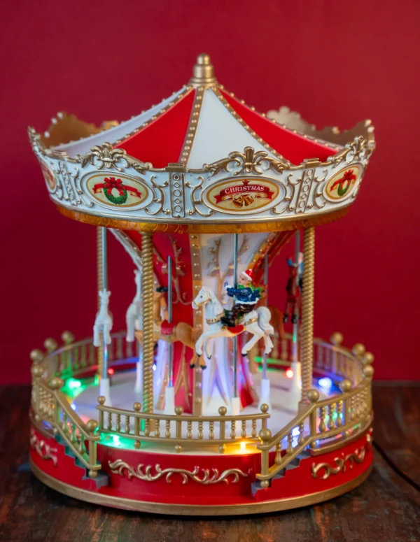 Musical Christmas Carousel with LED Lights – Rotating Horse Merry-Go-Round Decoration – Festive Tabletop Holiday Décor