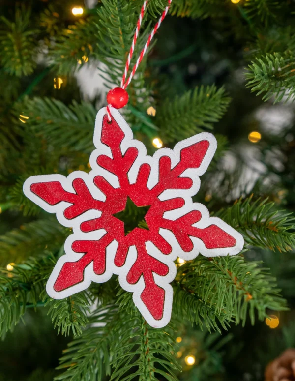 Red Glitter Snowflake Christmas Ornament - Sparkly Wooden Snowflake with White Border - Festive Holiday Tree Decoration with Red and White Baker’s Twine and Wood Bead