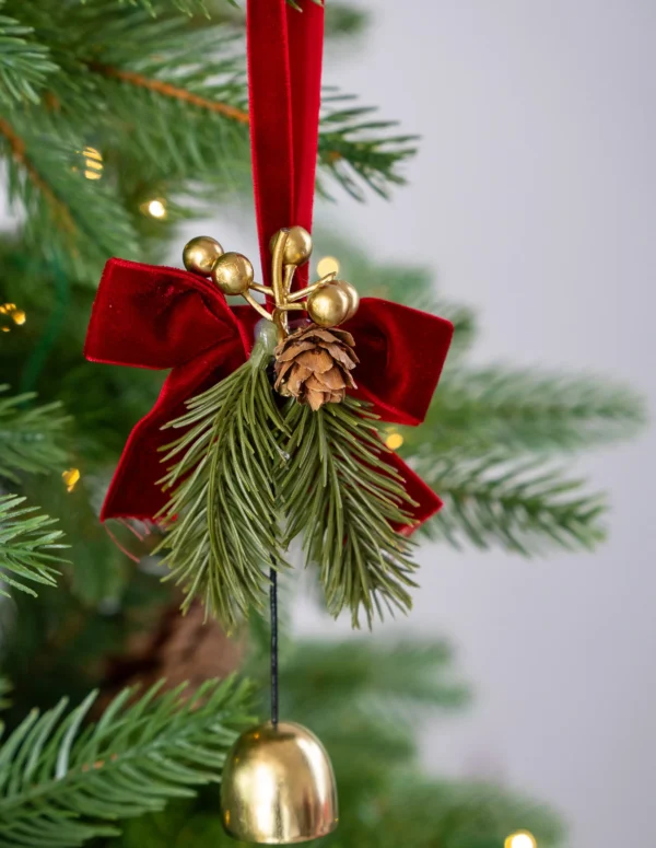 Red Velvet Bow Christmas Ornament with Gold Jingle Bell – Hand-Tied Festive Ribbon Decoration with Real Pinecone and Evergreen Sprigs – Traditional Tree Topper and Wreath Accent