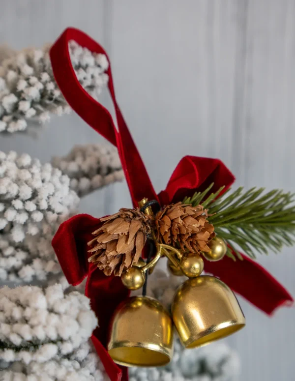 Red Velvet Ribbon Bell Christmas Ornament – Hand-Tied Double Bow Tree Decoration with Gold Jingle Bell and Evergreen Accent – Traditional Festive Hanging Ornament for Trees, Wreaths, and Gifts