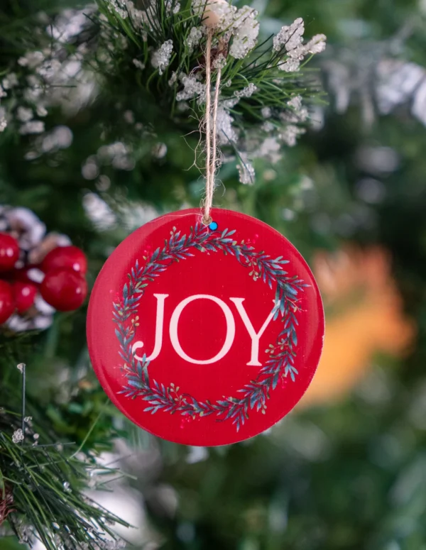 Classic Red Round "JOY" Christmas Ornament -  Festive Holiday Tree Decoration with Greenery Wreath Design - Traditional Wood Hanging Decor for Mantels, Wreaths, and Gift Tags