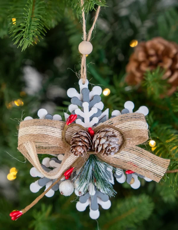 Rustic Wooden Snowflake Christmas Ornament - Grey & White Farmhouse Tree Decoration with Burlap Bow, Pinecones, and Red Berries - Shabby Chic Winter Holiday Hanging Decor