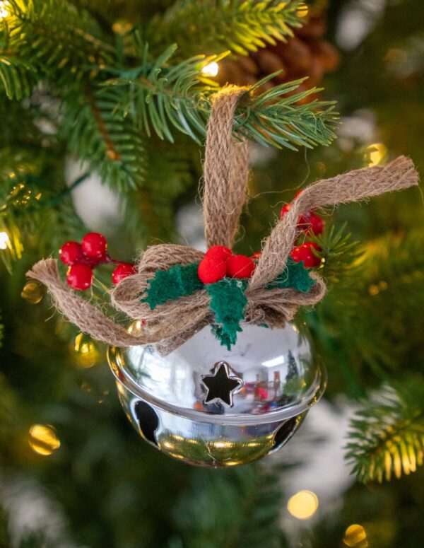 Silver Jingle Bell Christmas Ornament with Burlap Bow & Red Berries – Rustic Hanging Tree Decoration