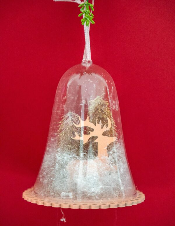 Snow Globe Bell Christmas Ornament – Clear Bell-Shaped Dome with Miniature Reindeer & Glittered Trees Scene – Shatterproof Hanging Holiday Decoration with Faux Snow and Pink Ribbon