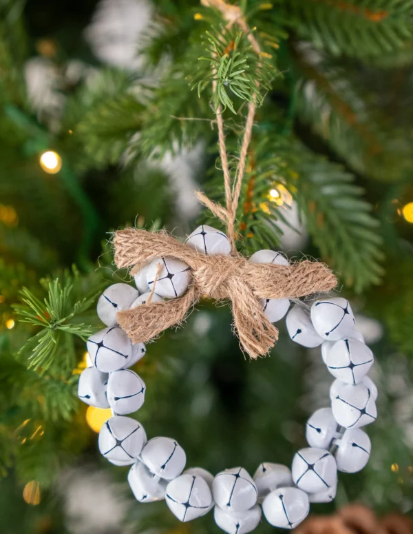 White Jingle Bell Wreath Christmas Ornament –Mini Festive Bell Wreath with Natural Jute Bow – Rustic Farmhouse Tree Decoration and Holiday Door Accent
