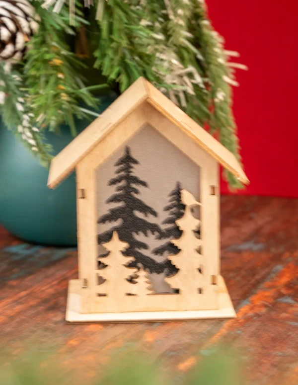 Wooden Christmas House Decoration with Forest Silhouette, Mini Tabletop Xmas Decor, Rustic Wooden Holiday Ornament for Home & Office