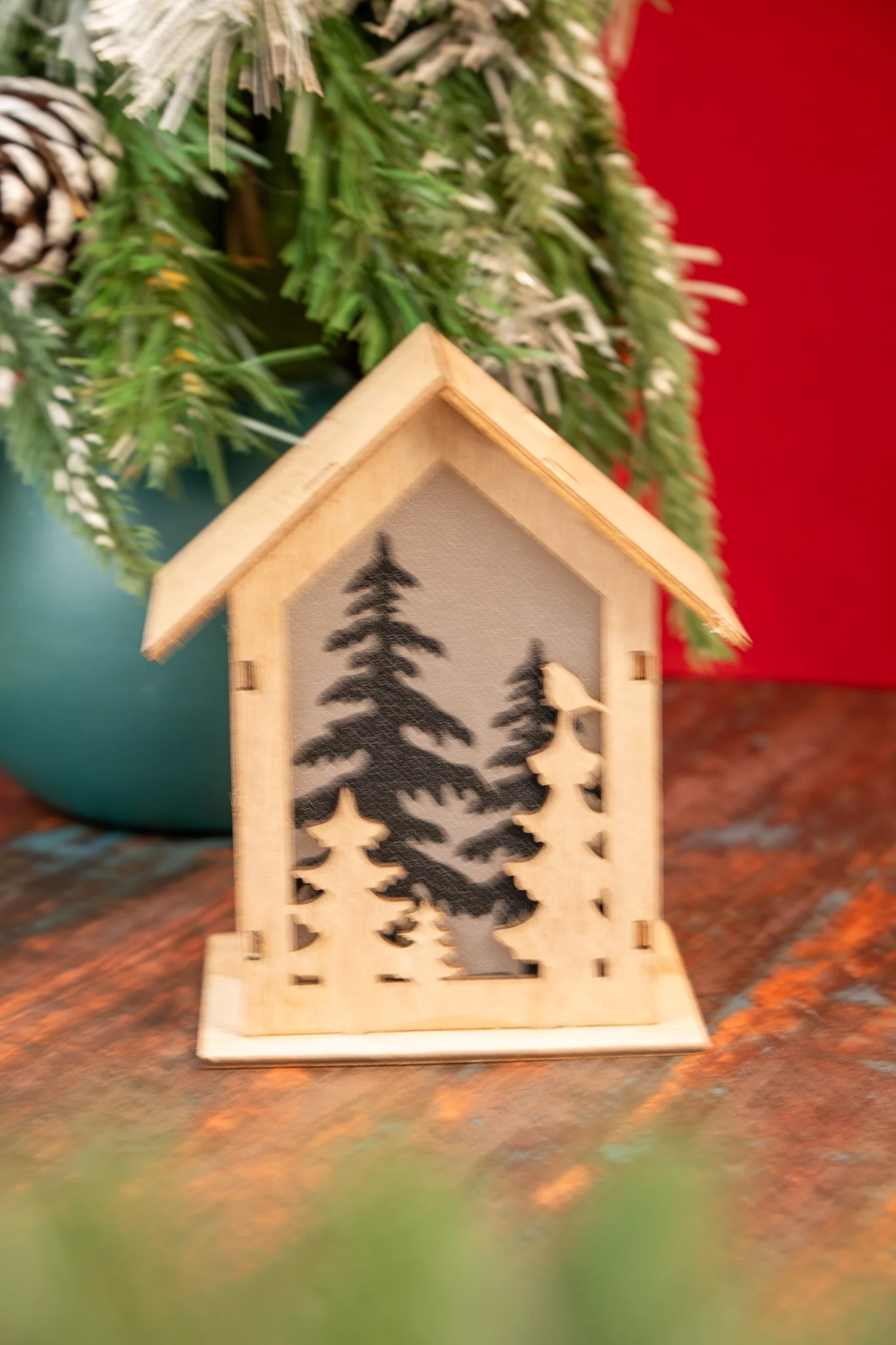 Wooden Christmas House Decoration with Forest Silhouette, Mini Tabletop Xmas Decor, Rustic Wooden Holiday Ornament for Home & Office