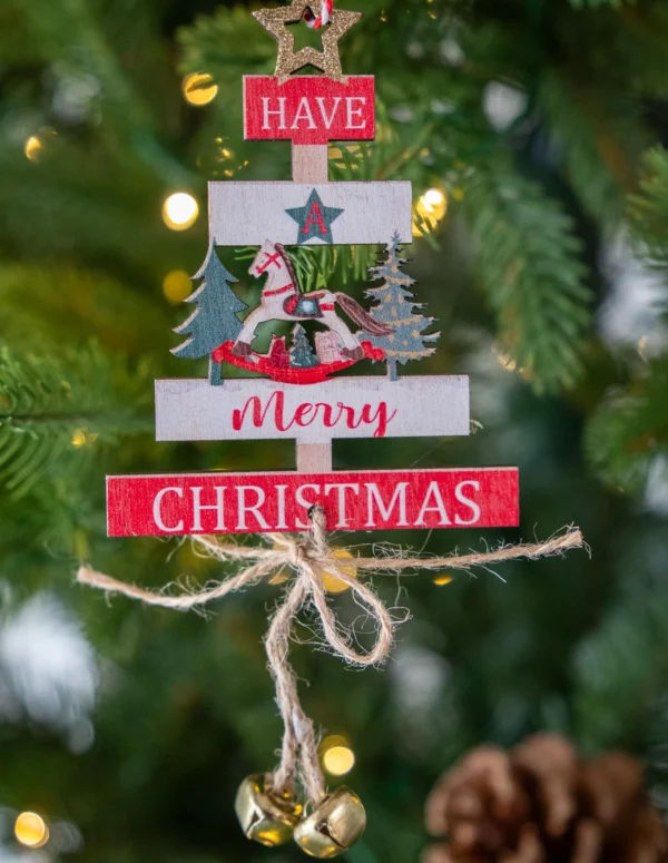 Layered Wooden Snowflake Christmas Ornaments –  Geometric Wood Cut-Out Tree Decorations – Nordic Style Natural & White Holiday Baubles with Protective Wooden Bead Accent