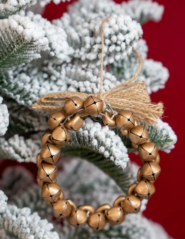 Antique Gold Jingle Bell Wreath Ornament - Rustic Metal Christmas Tree Decoration with Burlap Bow and Twine Hanger - 4-Inch Traditional Holiday Bell Wreath