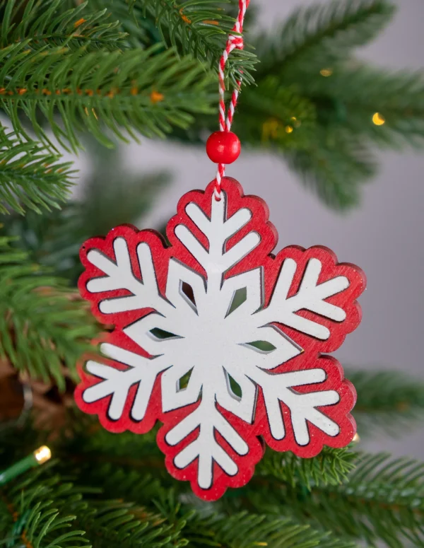 Red & White Wooden Snowflake Ornament