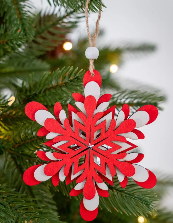 Layered Red and White Wooden Snowflake Ornament - Triple-Tiered Laser Cut Festive Tree Decoration - Nordic Style Holiday Hanging Decor with Jute Twine and Painted Wood Bead