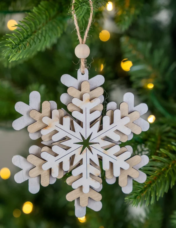 Layered Wooden Snowflake Christmas Ornament - Large Triple-Tiered Laser Cut White and Natural Wood Snowflake - Nordic Style Hanging Tree Decor with Jute Twine and Wood Bead