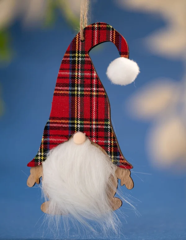 Red Plaid Christmas Gnome Ornament - Scandinavian Tomte Nisse Wooden Decoration with Faux Fur Beard and Pom Pom - Rustic Tartan Holiday Tree Hanging Decor - Nordic Inspired Winter Figurine
