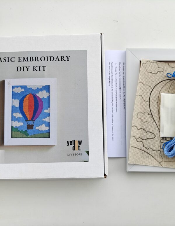 Yellow Dot Basic Embroidery DIY Kit – Hot Air Balloon Pattern | Beginner Hand Embroidery Kit with Pre-Printed Fabric, Embroidery Threads, Needle, Display Frame & Instruction Guide