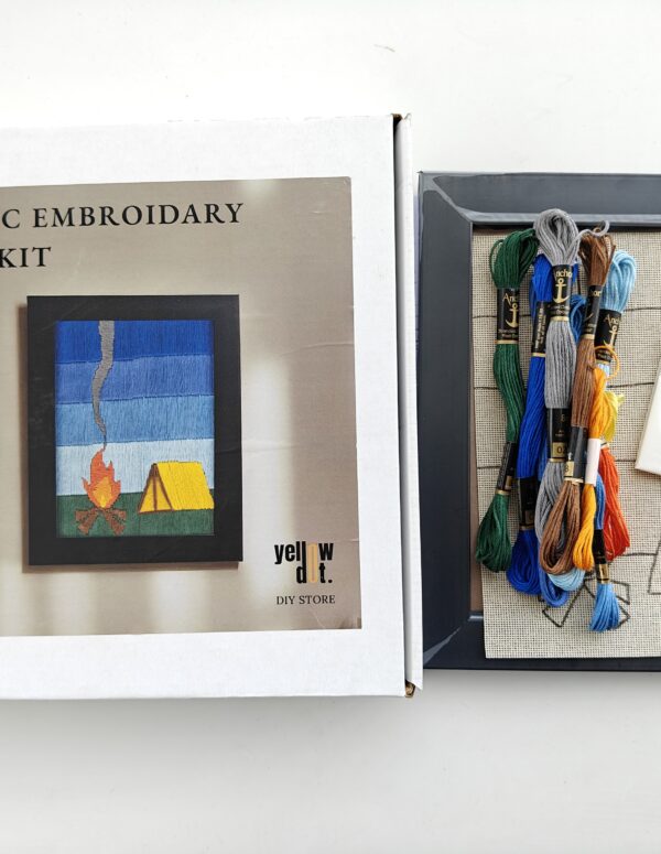 Yellow Dot Basic Embroidery DIY Kit – Campfire Landscape Pattern | Beginner Hand Embroidery Starter Kit with Pre-Printed Fabric, Embroidery Threads, Needle, Display Frame & Instruction Guide