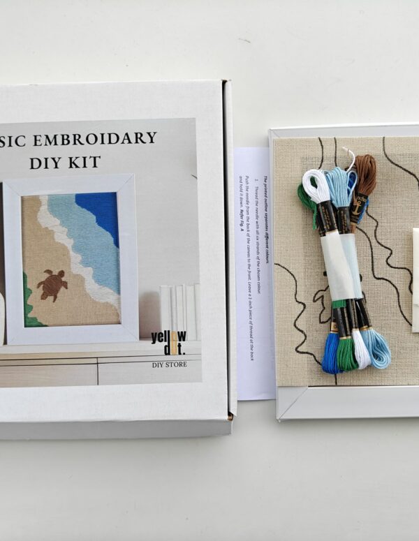 Yellow Dot Basic Embroidery DIY Kit – Sea Turtle Beach Pattern | Beginner Hand Embroidery Starter Kit with Pre-Printed Fabric, Embroidery Threads, Needle, Display Frame & Instruction Guide