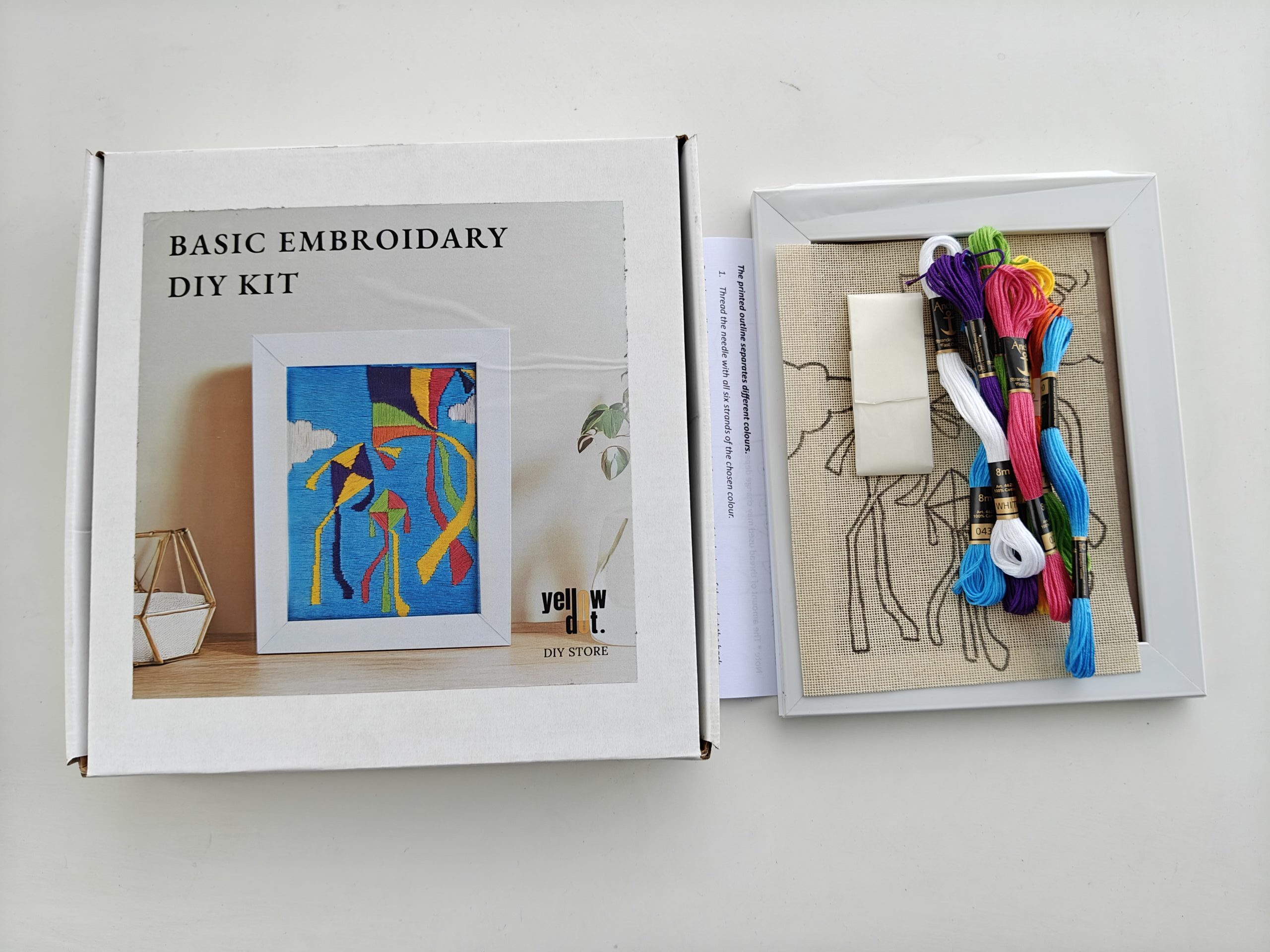 Yellow Dot Basic Embroidery DIY Kit – Abstract Face Line Art Pattern | Beginner Hand Embroidery Starter Kit with Pre-Printed Fabric, Embroidery Threads, Needle, Display Frame & Instruction Guide