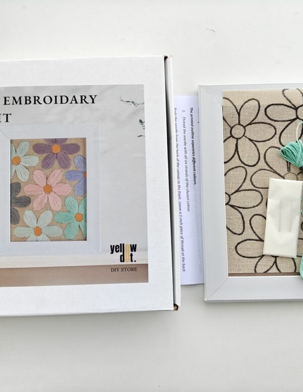 Yellow Dot Basic Embroidery DIY Kit – Floral Daisy Pattern | Beginner Hand Embroidery Starter Kit with Pre-Printed Fabric, Embroidery Threads, Needle, Display Frame & Instruction Guide
