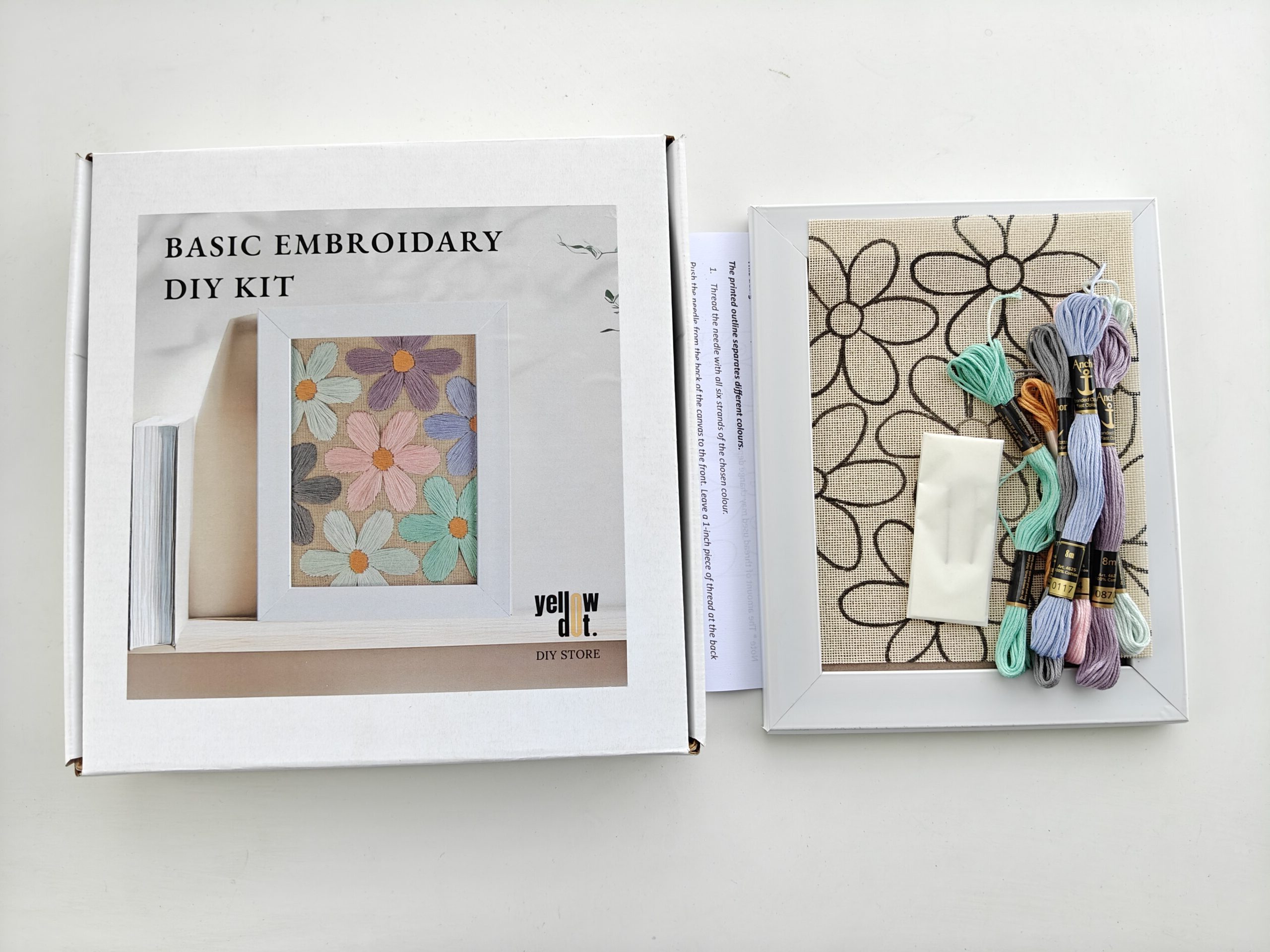 Yellow Dot Basic Embroidery DIY Kit – Floral Daisy Pattern | Beginner Hand Embroidery Starter Kit with Pre-Printed Fabric, Embroidery Threads, Needle, Display Frame & Instruction Guide