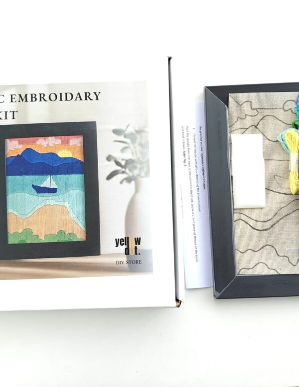 Yellow Dot Basic Embroidery DIY Kit – Sunset Lake with Sailboat Pattern | Beginner Hand Embroidery Starter Kit with Pre-Printed Fabric, Embroidery Threads, Needle, Display Frame & Instruction Guide