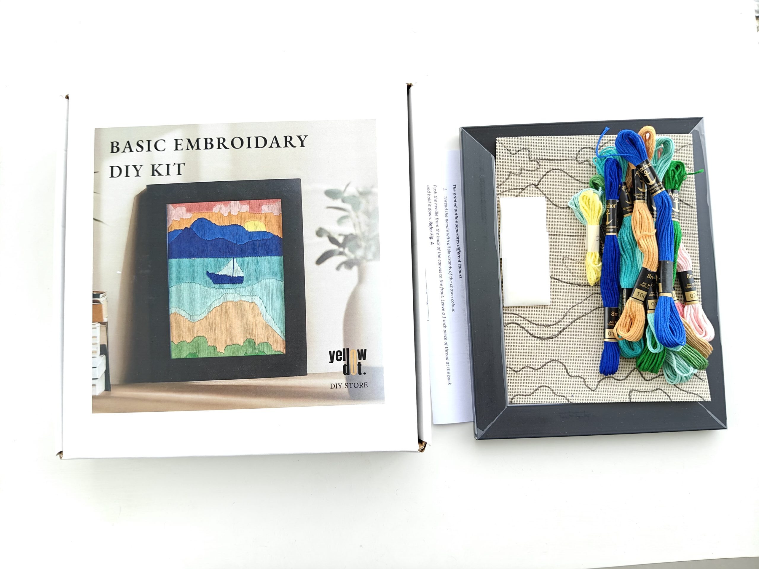 Yellow Dot Basic Embroidery DIY Kit – Sunset Lake with Sailboat Pattern | Beginner Hand Embroidery Starter Kit with Pre-Printed Fabric, Embroidery Threads, Needle, Display Frame & Instruction Guide