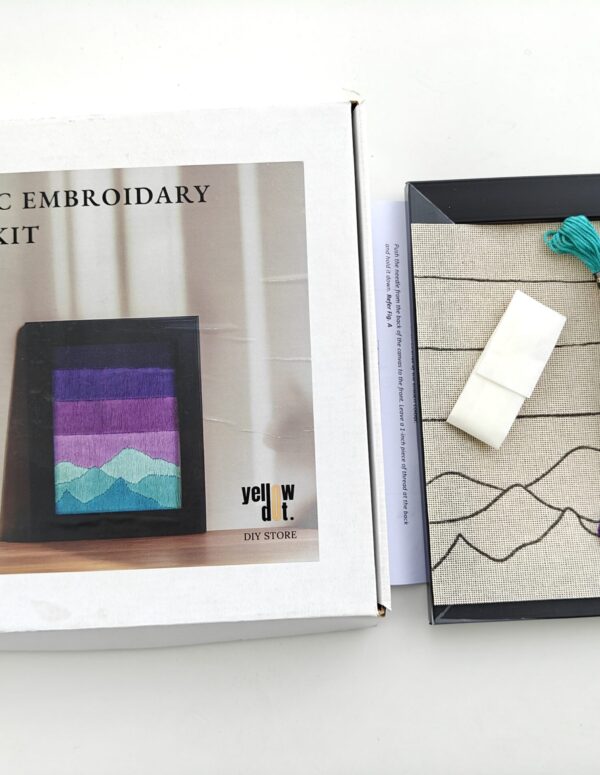 Yellow Dot Basic Embroidery DIY Kit – Purple Mountain Landscape Pattern | Beginner Hand Embroidery Starter Kit with Pre-Printed Fabric, Embroidery Threads, Needle, Display Frame & Instruction Guide