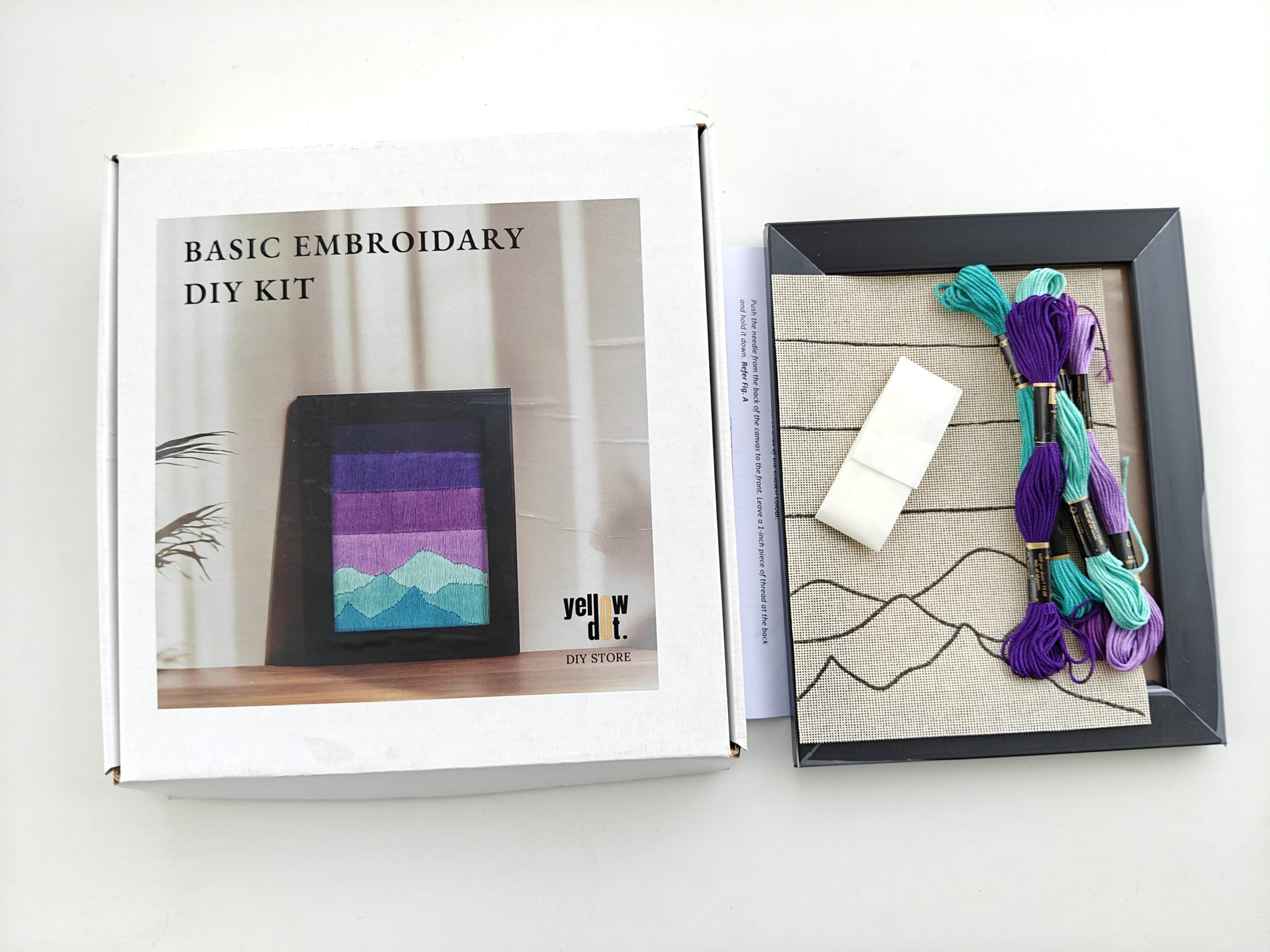 Yellow Dot Basic Embroidery DIY Kit – Purple Mountain Landscape Pattern | Beginner Hand Embroidery Starter Kit with Pre-Printed Fabric, Embroidery Threads, Needle, Display Frame & Instruction Guide