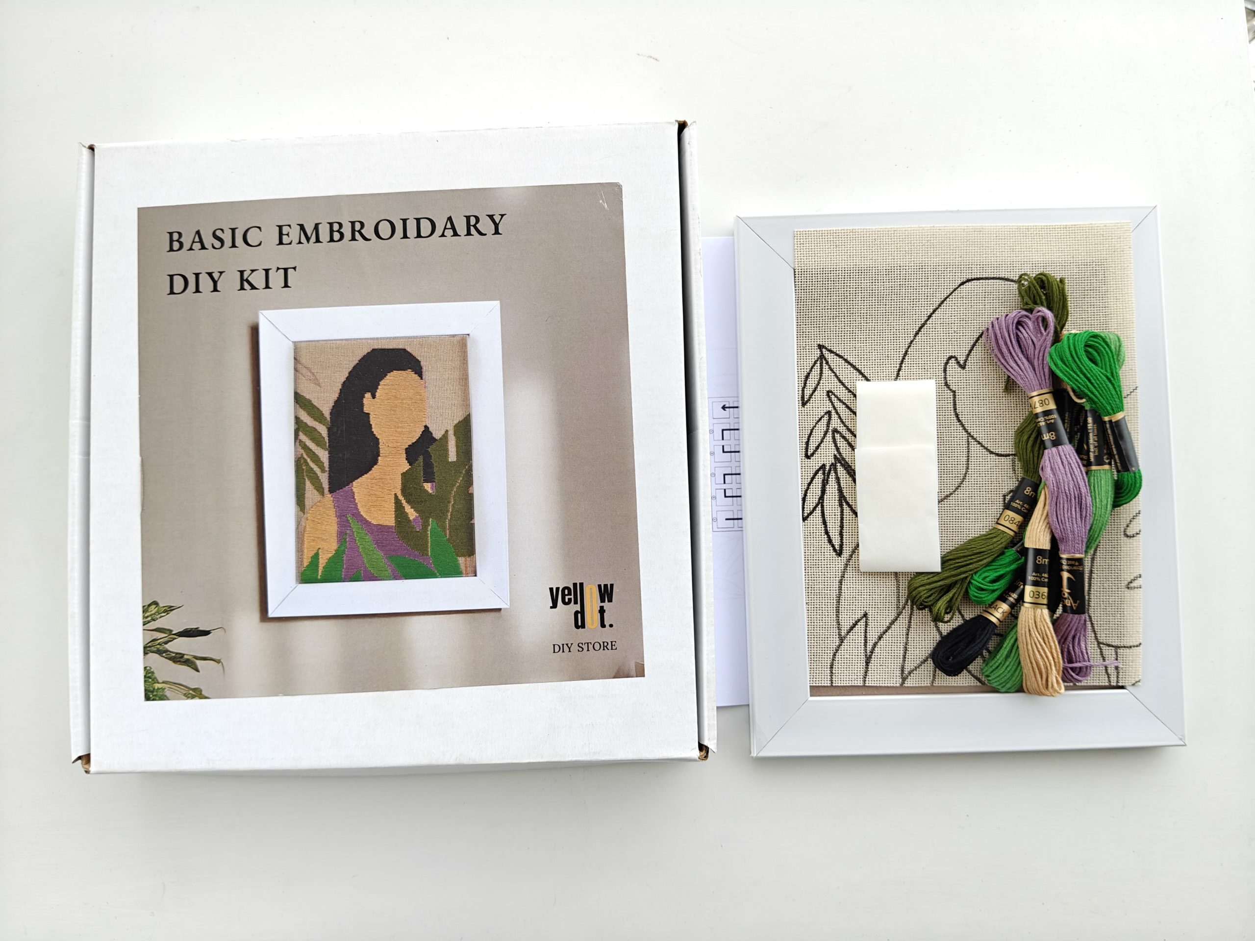 Yellow Dot Basic Embroidery DIY Kit – Botanical Woman Portrait Pattern | Beginner Hand Embroidery Starter Kit with Pre-Printed Fabric, Embroidery Threads, Needle, Display Frame & Instruction Guide