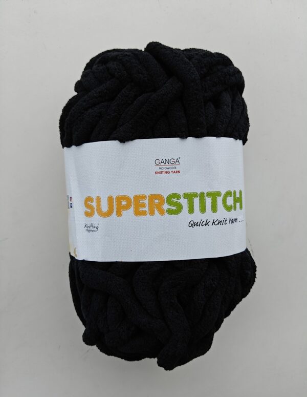 Ganga Superstitch 100% Polyester Chenille Knitting Yarn | Super Chunky Jumbo Quick Knit Yarn for Hand Knitting, Crochet, Blankets & Amigurumi (Black)