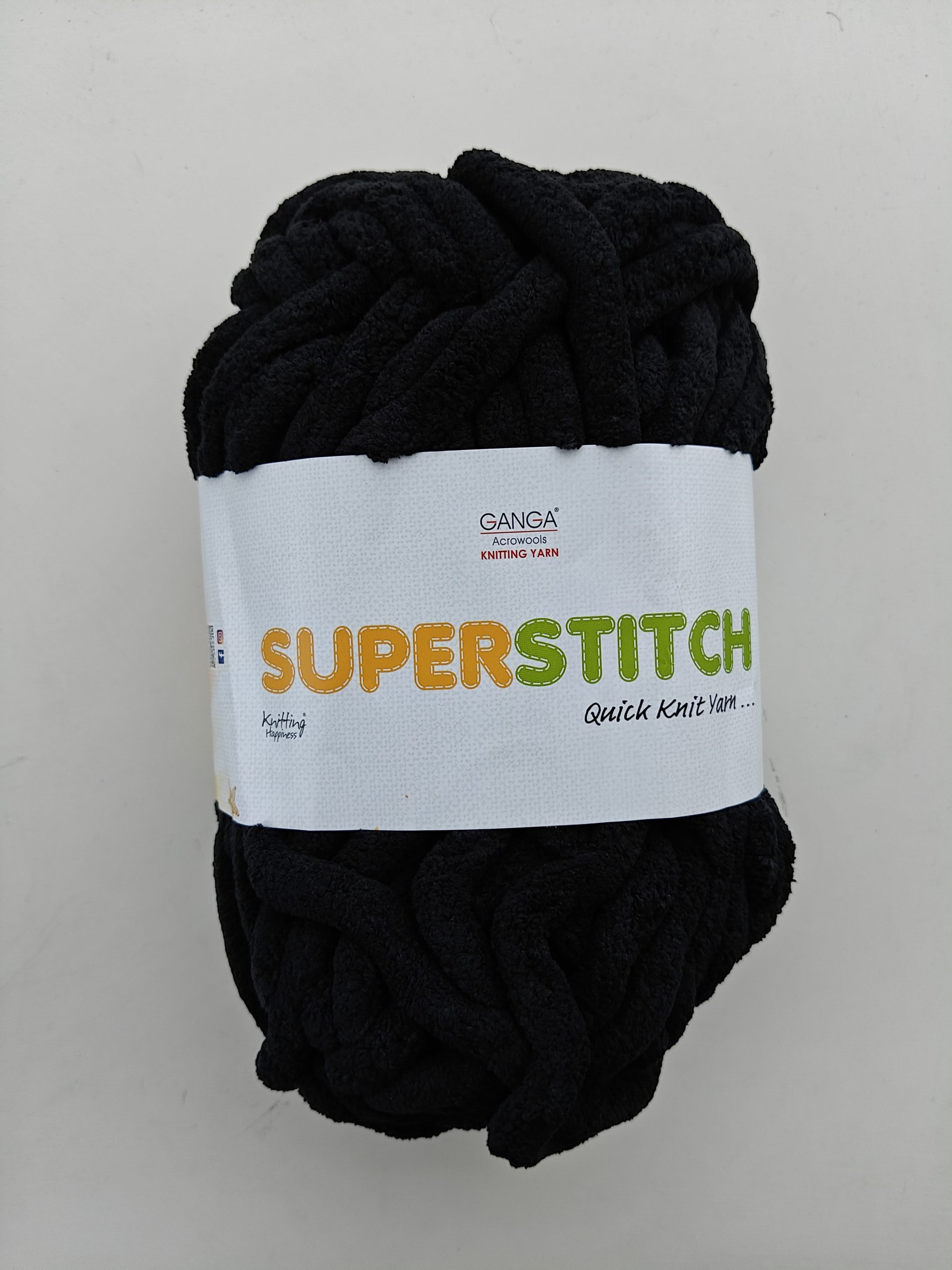 Ganga Superstitch 100% Polyester Chenille Knitting Yarn | Super Chunky Jumbo Quick Knit Yarn for Hand Knitting, Crochet, Blankets & Amigurumi (Black)