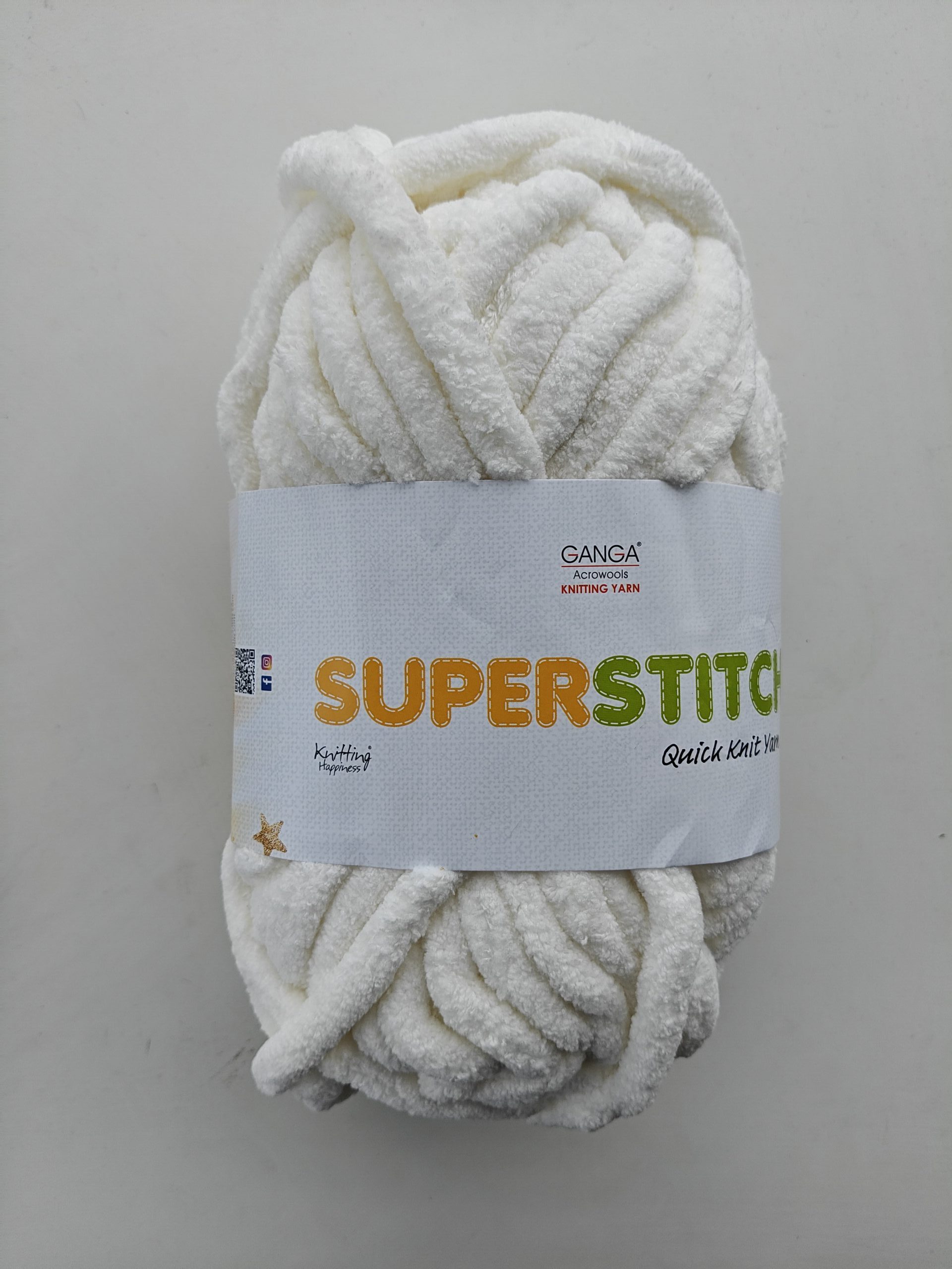 Ganga Superstitch 100% Polyester Chenille Knitting Yarn | Super Chunky Jumbo Quick Knit Yarn for Hand Knitting, Crochet, Blankets & Amigurumi (White)