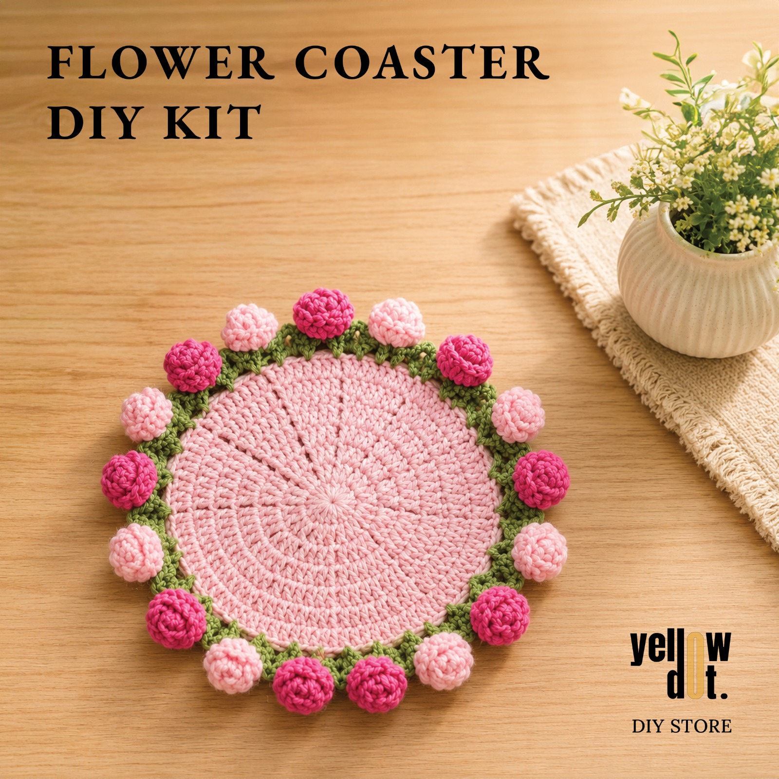 Yellow Dot Flower Coaster DIY Kit | Crochet Coaster Making Kit for Beginners | DIY Craft Kit for Handmade Flower Coaster